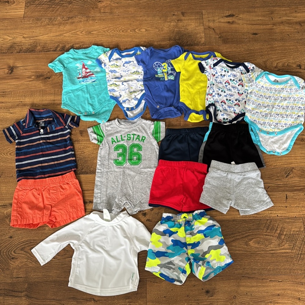 Bundle of baby boy clothes, size 3 months, shorts, swim, short sleeve bodysuits